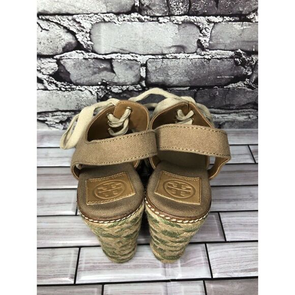 Tory Burch Taupe Canvas Textile Green Tan Espadrilles Wedge Women Sz 10M US/41EU - Picture 5 of 15